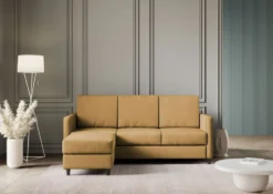 Divano 198x85cm design a tre posti comodo con pouf tessuto idrorepellente ocra DI28