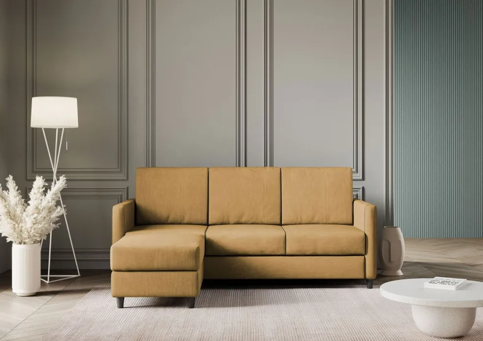 Divano 198x85cm design a tre posti comodo con pouf tessuto idrorepellente ocra DI28