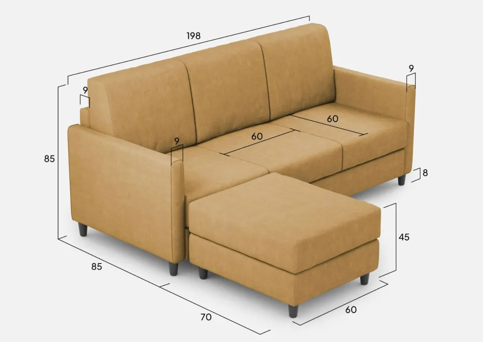 Divano 198x85cm design a tre posti comodo con pouf tessuto idrorepellente ocra DI28