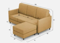 Divano 198x85cm design a tre posti comodo con pouf tessuto idrorepellente ocra DI28
