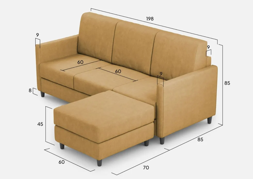 Divano 198x85cm design a tre posti comodo con pouf tessuto idrorepellente ocra DI28