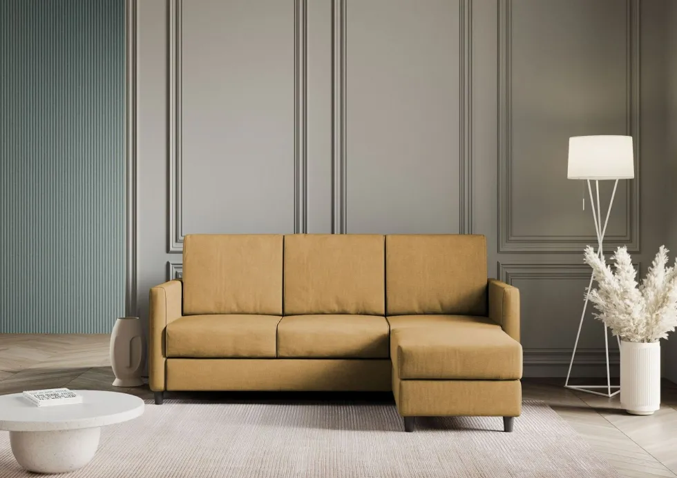Divano 198x85cm design a tre posti comodo con pouf tessuto idrorepellente ocra DI28