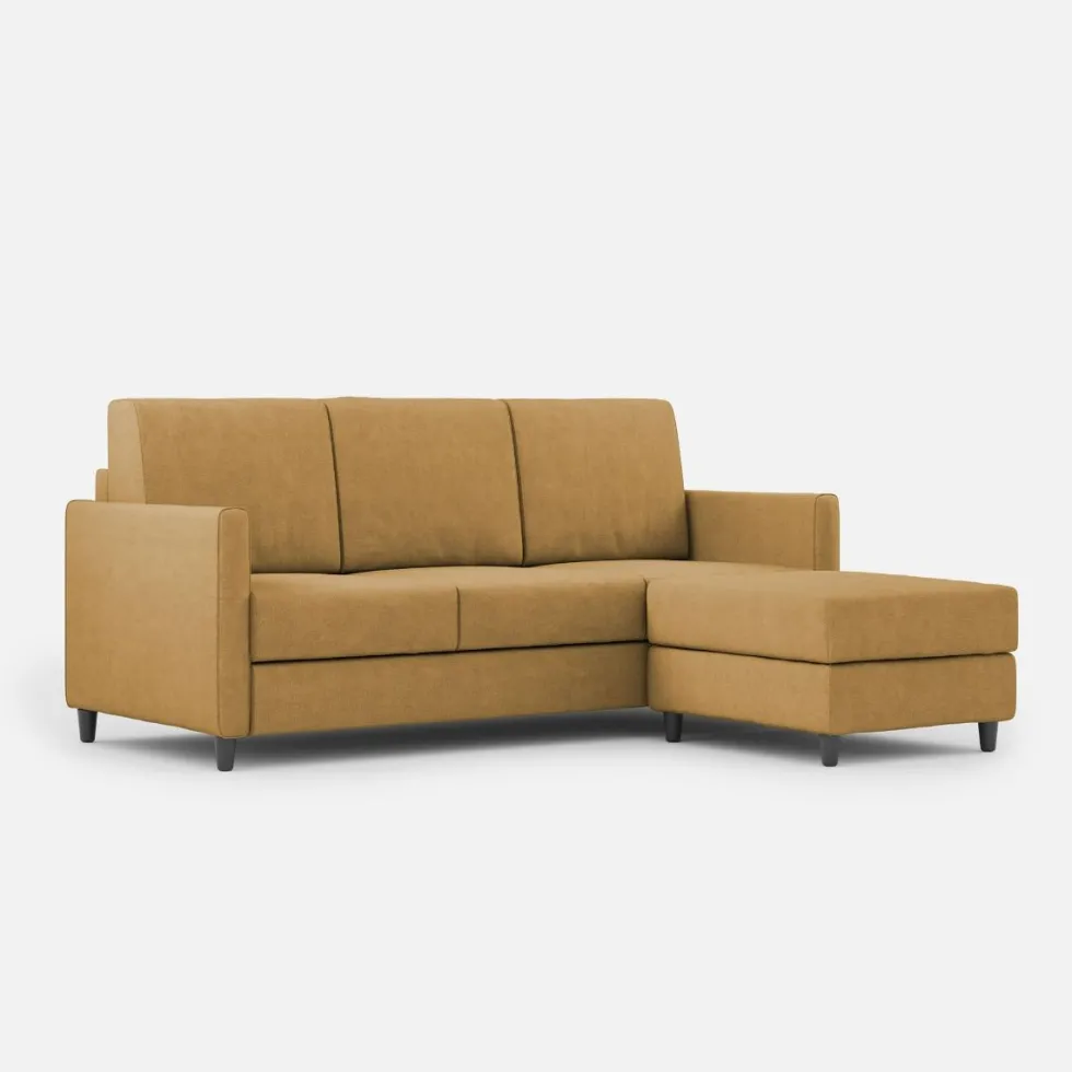 Divano 198x85cm design a tre posti comodo con pouf tessuto idrorepellente ocra DI28