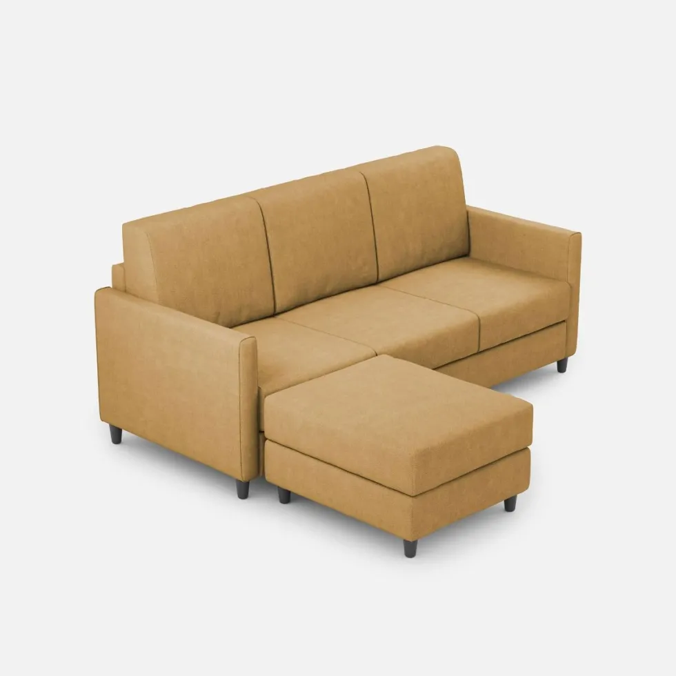 Divano 198x85cm design a tre posti comodo con pouf tessuto idrorepellente ocra DI28