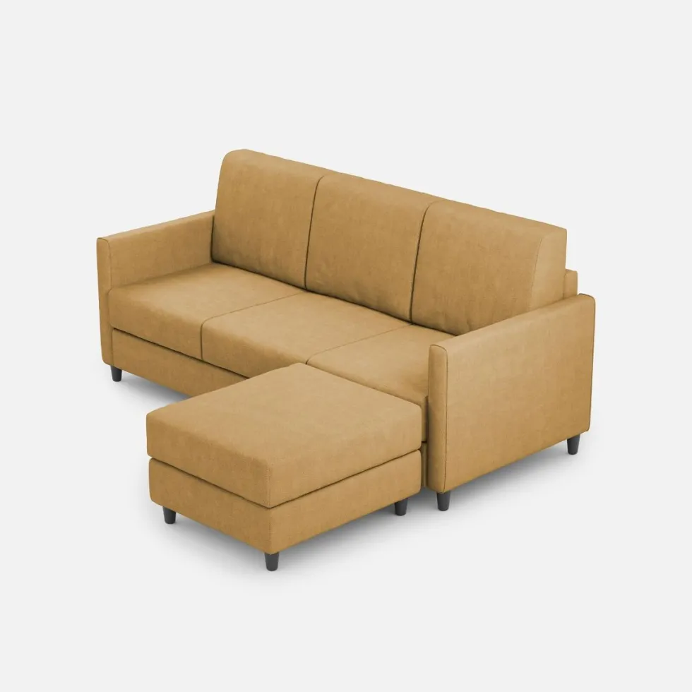 Divano 198x85cm design a tre posti comodo con pouf tessuto idrorepellente ocra DI28