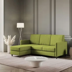 Divano 198x85cm design a tre posti comodo con pouf tessuto idrorepellente verde DI28
