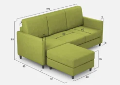 Divano 198x85cm design a tre posti comodo con pouf tessuto idrorepellente verde DI28