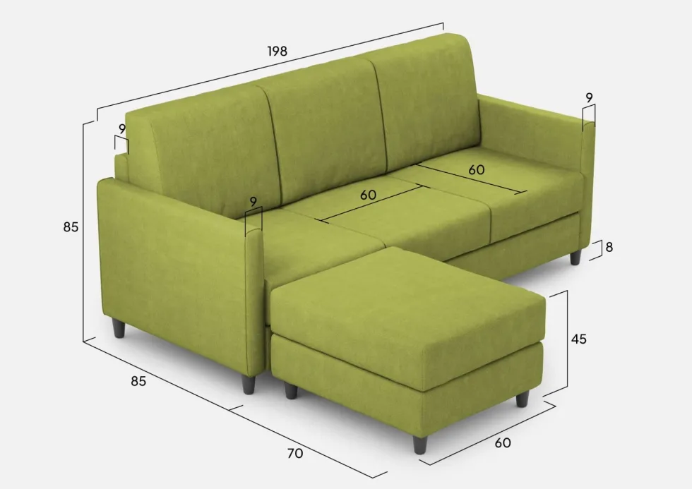 Divano 198x85cm design a tre posti comodo con pouf tessuto idrorepellente verde DI28