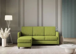 Divano 198x85cm design a tre posti comodo con pouf tessuto idrorepellente verde DI28