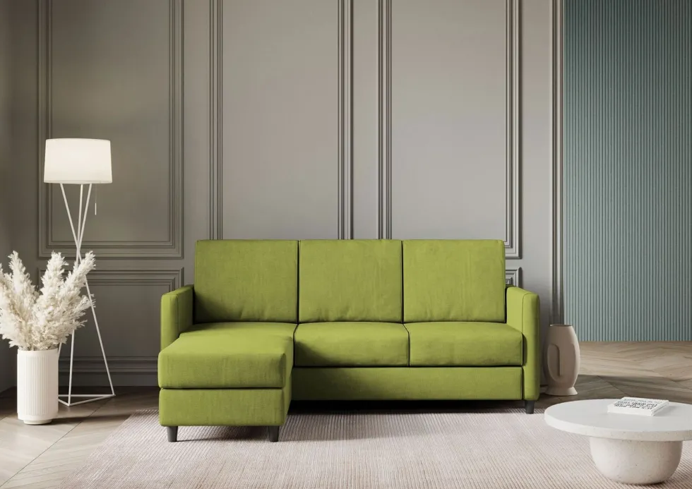 Divano 198x85cm design a tre posti comodo con pouf tessuto idrorepellente verde DI28