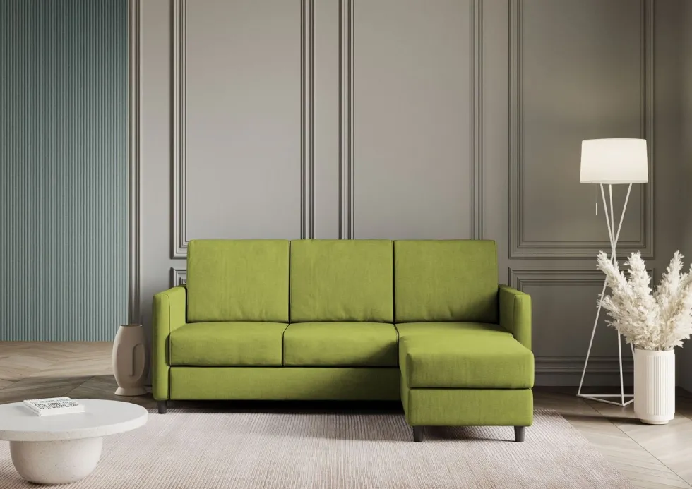 Divano 198x85cm design a tre posti comodo con pouf tessuto idrorepellente verde DI28