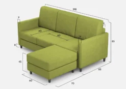 Divano 198x85cm design a tre posti comodo con pouf tessuto idrorepellente verde DI28