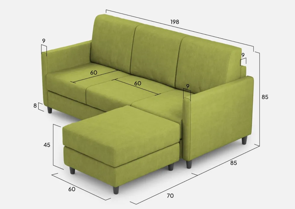 Divano 198x85cm design a tre posti comodo con pouf tessuto idrorepellente verde DI28