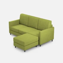 Divano 198x85cm design a tre posti comodo con pouf tessuto idrorepellente verde DI28