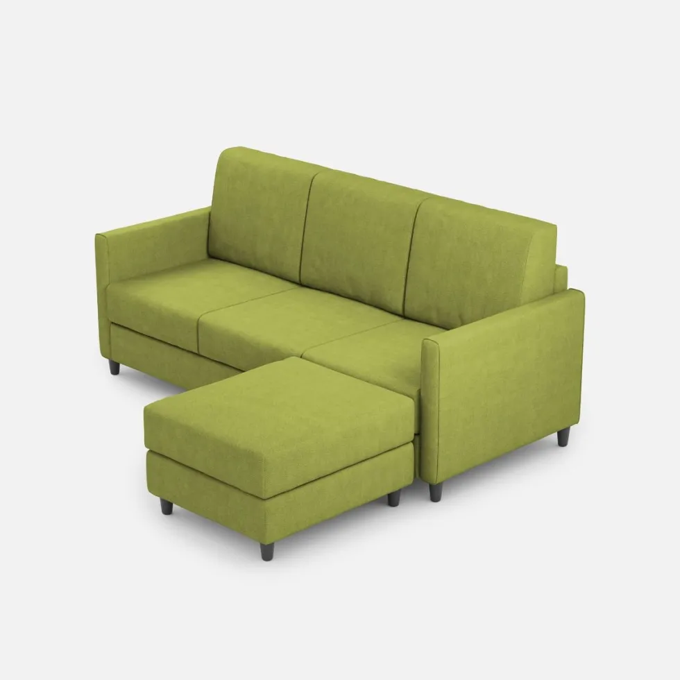 Divano 198x85cm design a tre posti comodo con pouf tessuto idrorepellente verde DI28