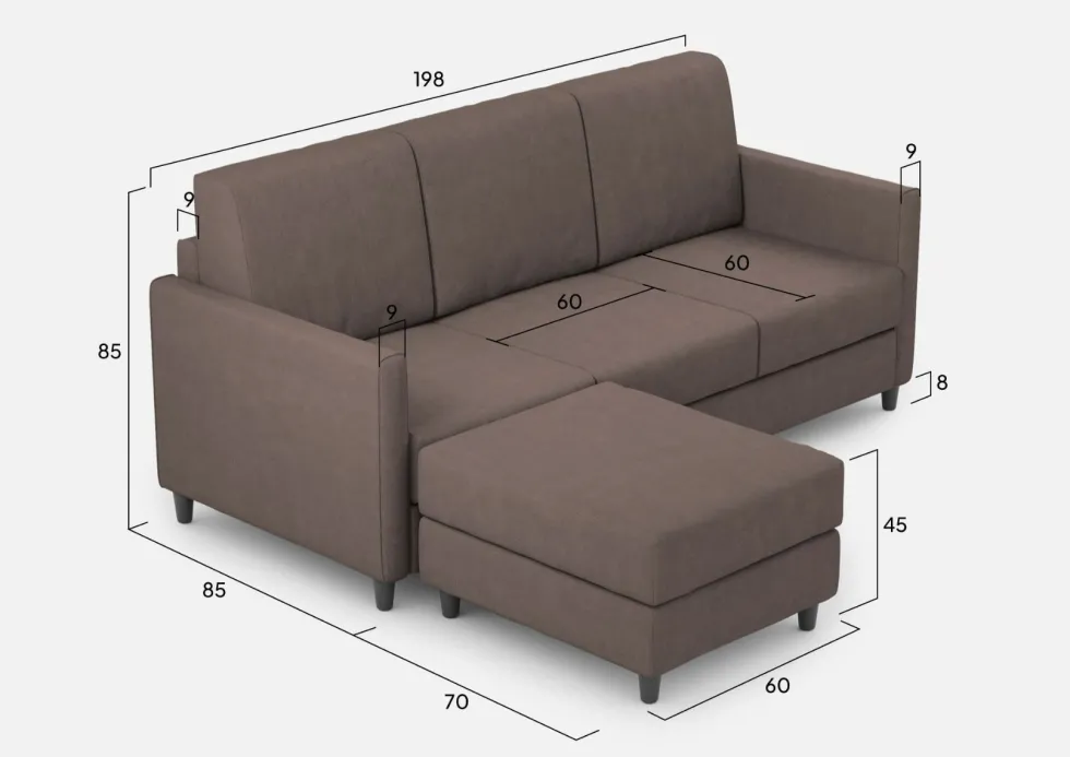 Divano 198x85cm design a tre posti comodo con pouf tessuto idrorepellente talpa DI28