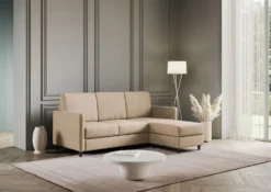 Divano 198x85cm design a tre posti comodo con pouf tessuto idrorepellente beige DI28