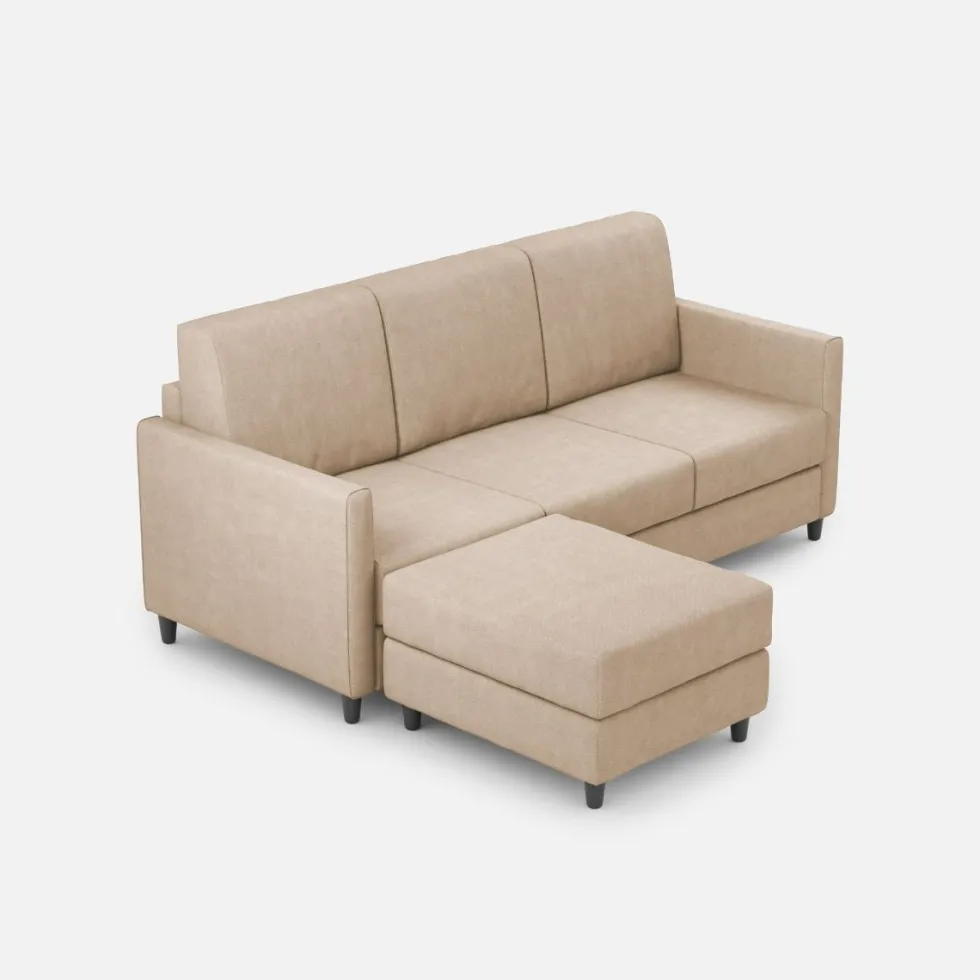 Divano 198x85cm design a tre posti comodo con pouf tessuto idrorepellente beige DI28