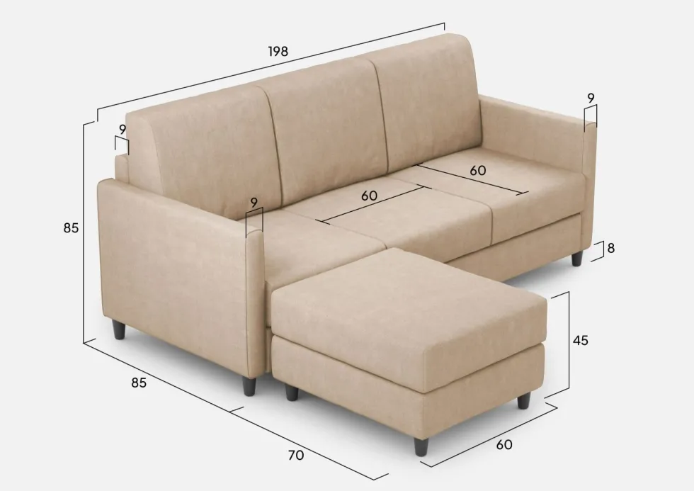 Divano 198x85cm design a tre posti comodo con pouf tessuto idrorepellente beige DI28