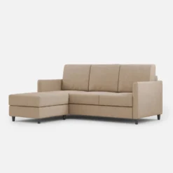 Divano 198x85cm design a tre posti comodo con pouf tessuto idrorepellente beige DI28