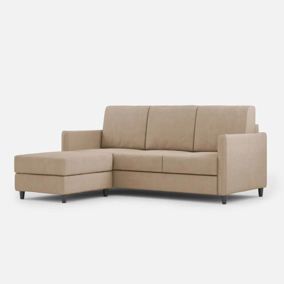Divano 198x85cm design a tre posti comodo con pouf tessuto idrorepellente beige DI28