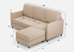 Divano 198x85cm design a tre posti comodo con pouf tessuto idrorepellente beige DI28