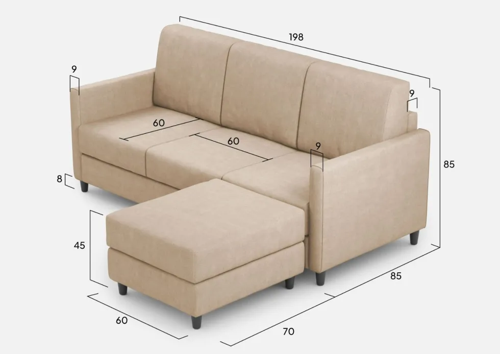 Divano 198x85cm design a tre posti comodo con pouf tessuto idrorepellente beige DI28