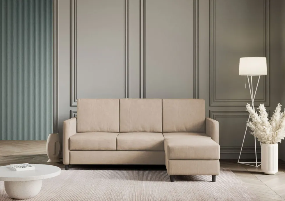 Divano 198x85cm design a tre posti comodo con pouf tessuto idrorepellente beige DI28