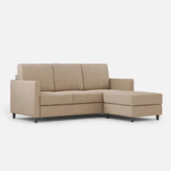 Divano 198x85cm design a tre posti comodo con pouf tessuto idrorepellente beige DI28