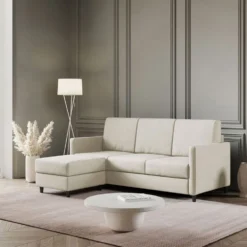 Divano 198x85cm design a tre posti comodo con pouf tessuto idrorepellente bianco latte DI28