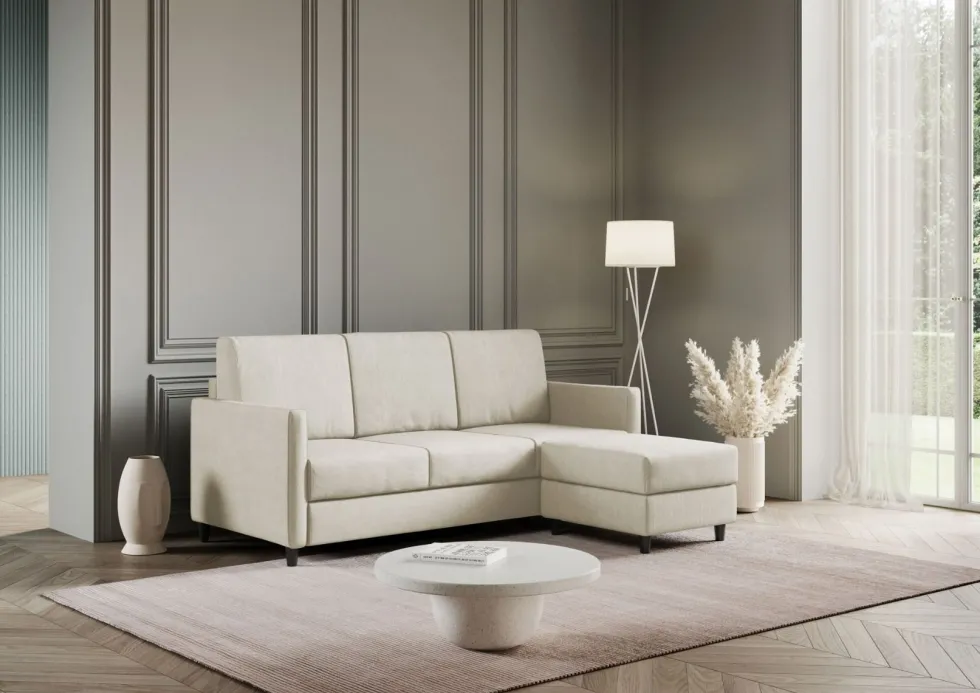 Divano 198x85cm design a tre posti comodo con pouf tessuto idrorepellente bianco latte DI28