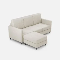 Divano 198x85cm design a tre posti comodo con pouf tessuto idrorepellente bianco latte DI28