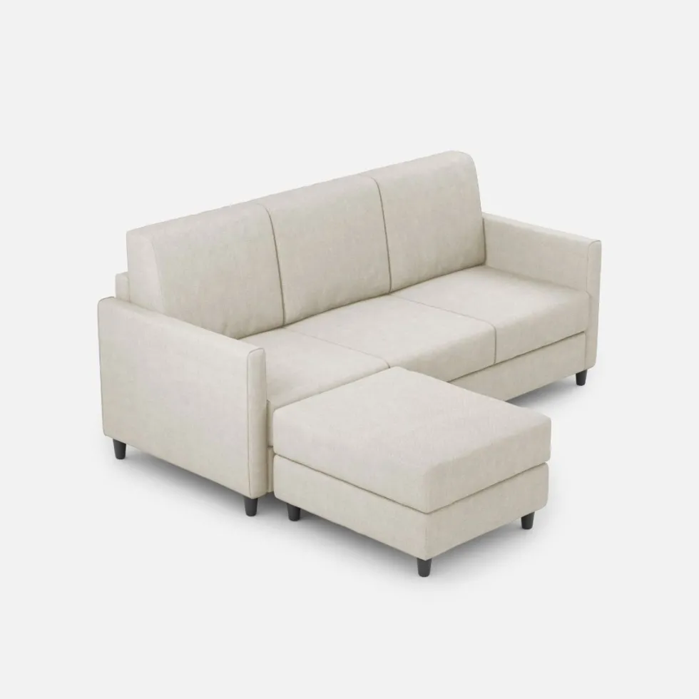 Divano 198x85cm design a tre posti comodo con pouf tessuto idrorepellente bianco latte DI28