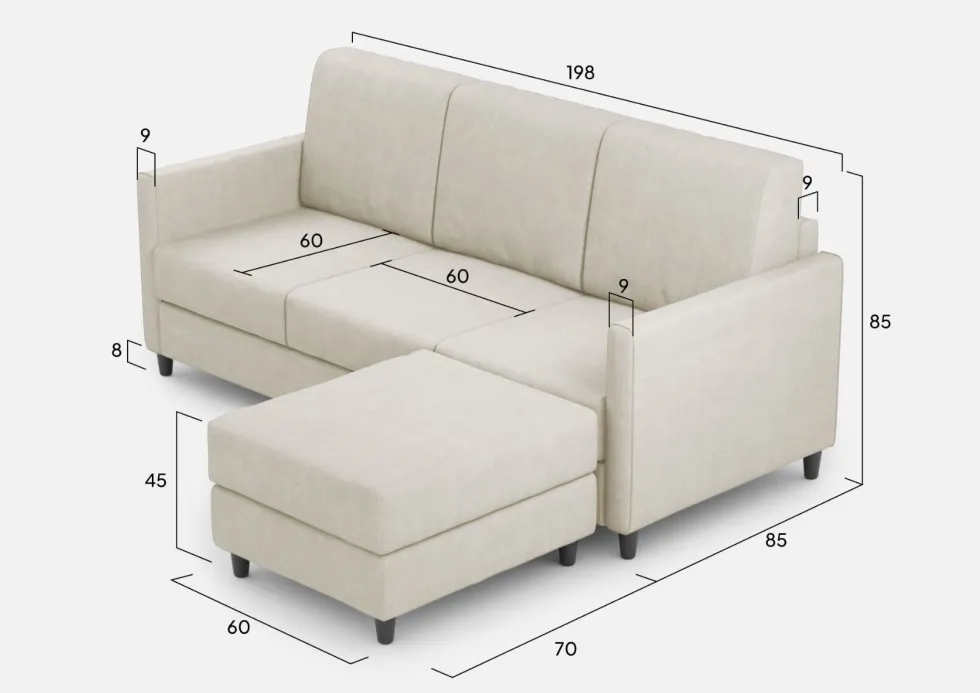 Divano 198x85cm design a tre posti comodo con pouf tessuto idrorepellente bianco latte DI28