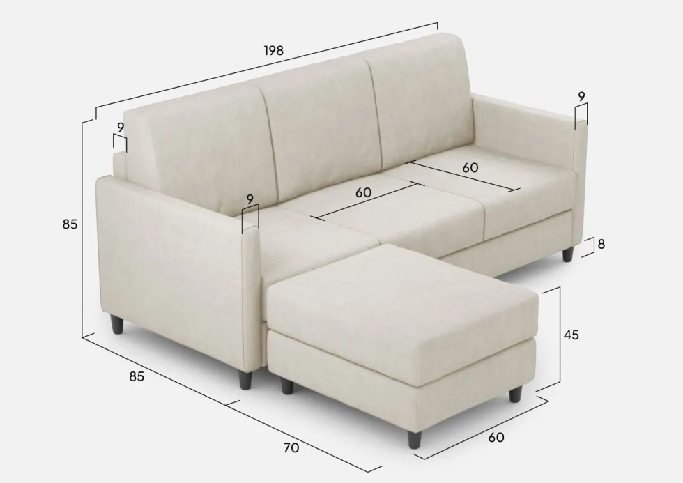 Divano 198x85cm design a tre posti comodo con pouf tessuto idrorepellente bianco latte DI28