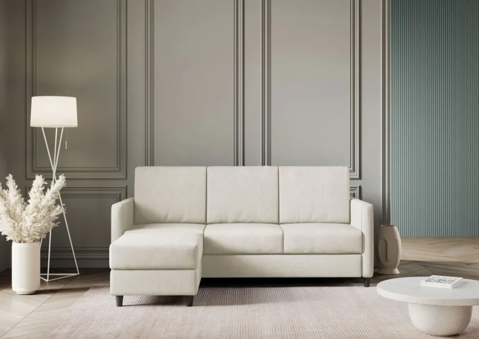 Divano 198x85cm design a tre posti comodo con pouf tessuto idrorepellente bianco latte DI28