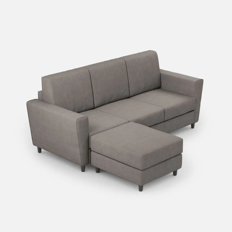 Divano 212x85cm design a tre posti con piedini in legno e pouf idrorepellente grigio DI39