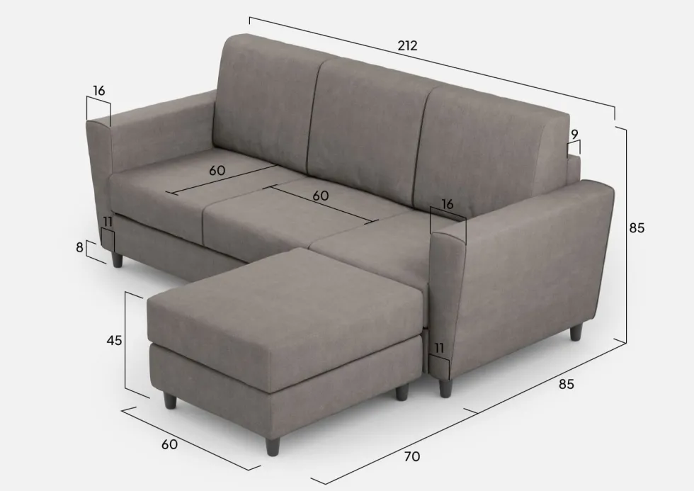 Divano 212x85cm design a tre posti con piedini in legno e pouf idrorepellente grigio DI39