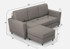 Divano 212x85cm design a tre posti con piedini in legno e pouf idrorepellente grigio DI39