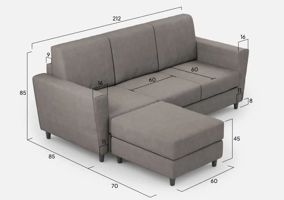 Divano 212x85cm design a tre posti con piedini in legno e pouf idrorepellente grigio DI39