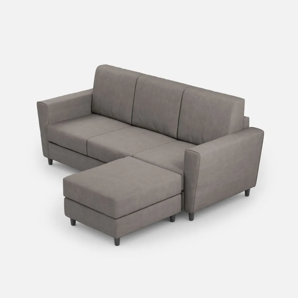 Divano 212x85cm design a tre posti con piedini in legno e pouf idrorepellente grigio DI39