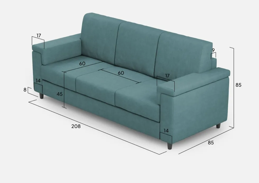Divano 208x85cm design a tre posti con bracciolo squadrato tessuto idrorepellente blu petrolio DI3