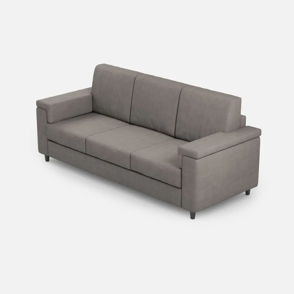 Divano 208x85cm design a tre posti con bracciolo squadrato tessuto idrorepellente grigio DI3