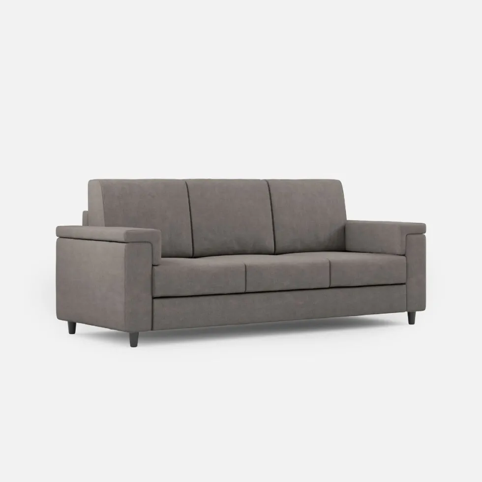 Divano 208x85cm design a tre posti con bracciolo squadrato tessuto idrorepellente grigio DI3
