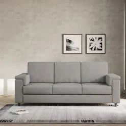 Divano 208x85cm design a tre posti con bracciolo squadrato tessuto idrorepellente grigio DI3