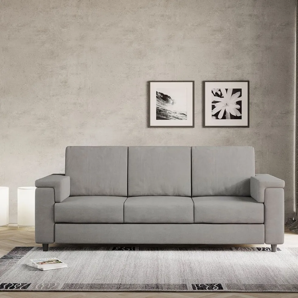 Divano 208x85cm design a tre posti con bracciolo squadrato tessuto idrorepellente grigio DI3