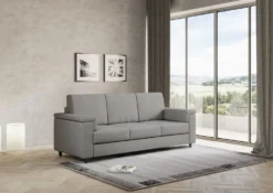 Divano 208x85cm design a tre posti con bracciolo squadrato tessuto idrorepellente grigio DI3
