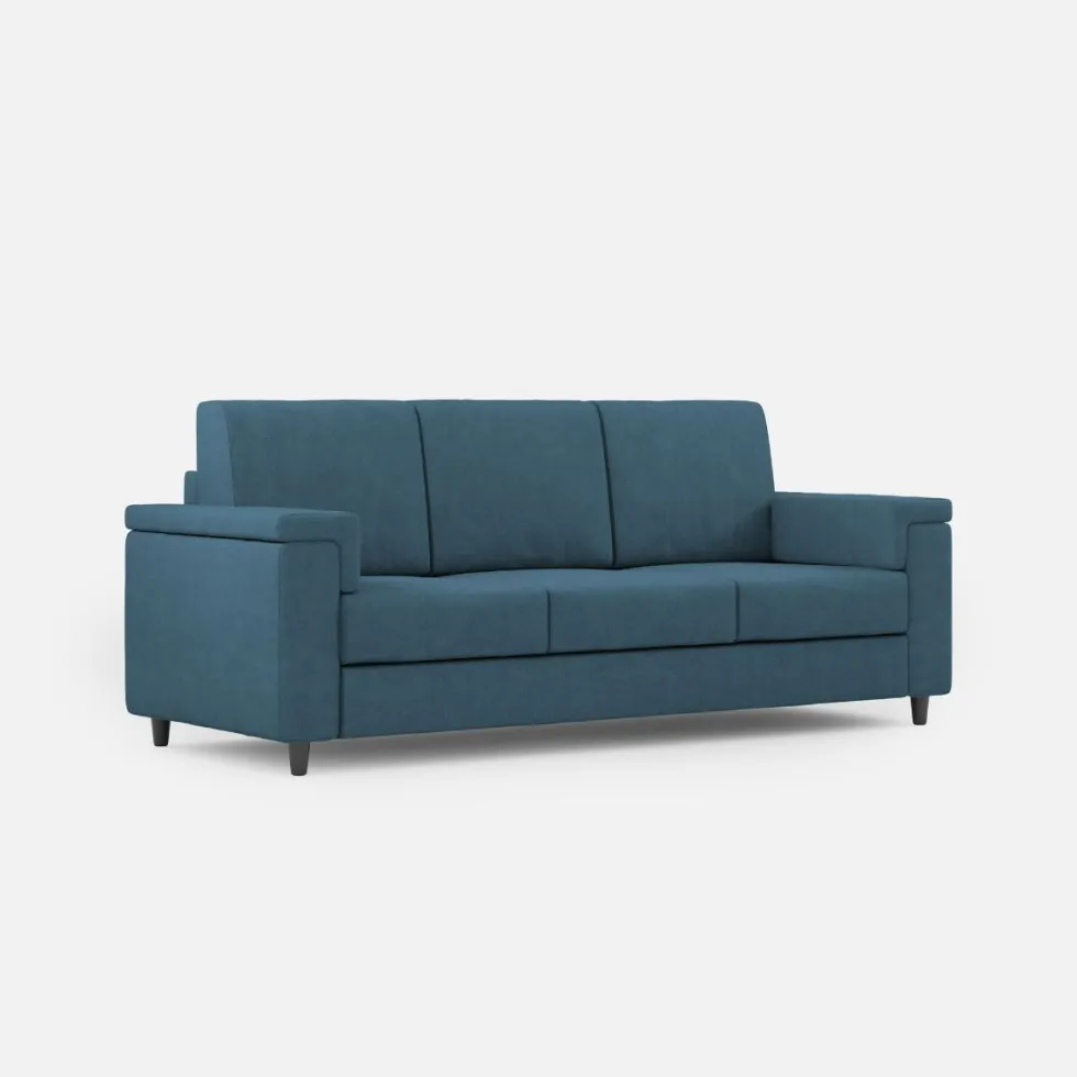 Divano 208x85cm design a tre posti con bracciolo squadrato tessuto idrorepellente blu avio DI3