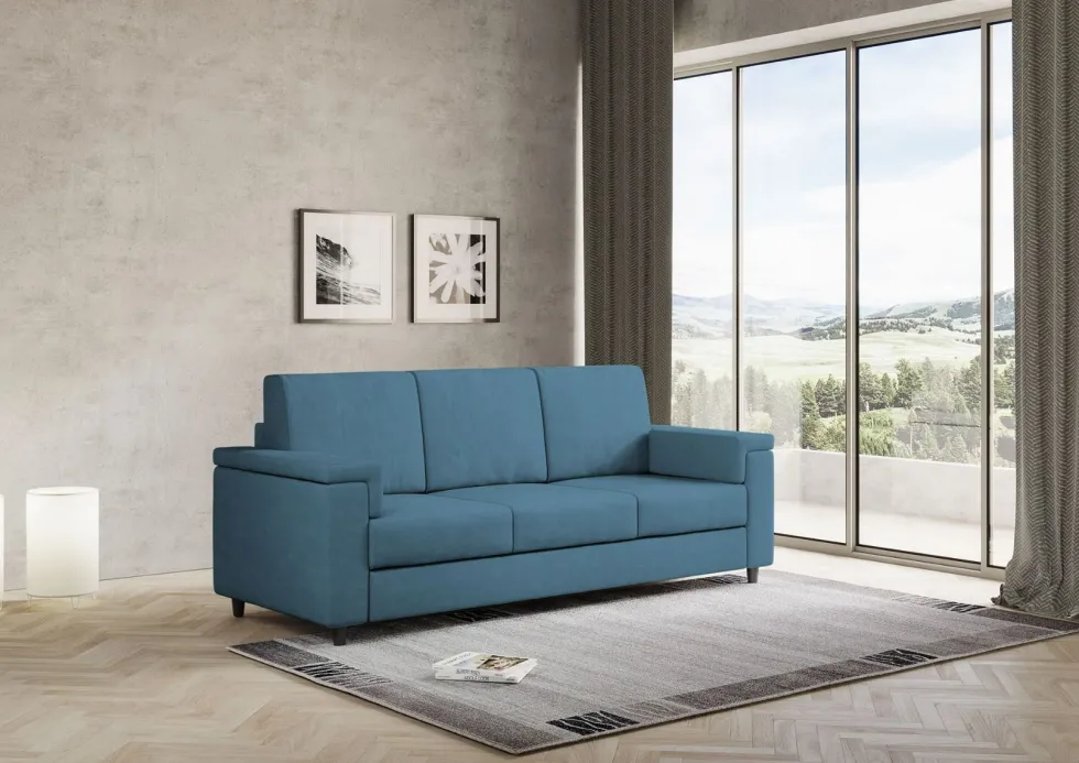 Divano 208x85cm design a tre posti con bracciolo squadrato tessuto idrorepellente blu avio DI3