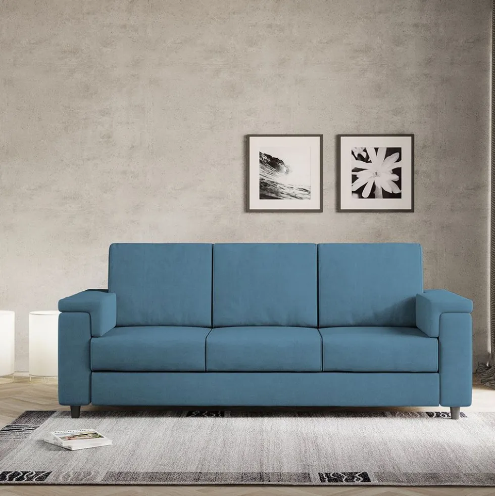 Divano 208x85cm design a tre posti con bracciolo squadrato tessuto idrorepellente blu avio DI3